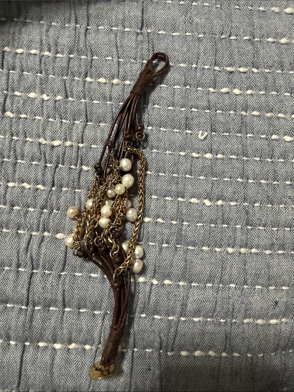 Multi-Strand Brown Leather Brass with Pearl Accent Bracelet
